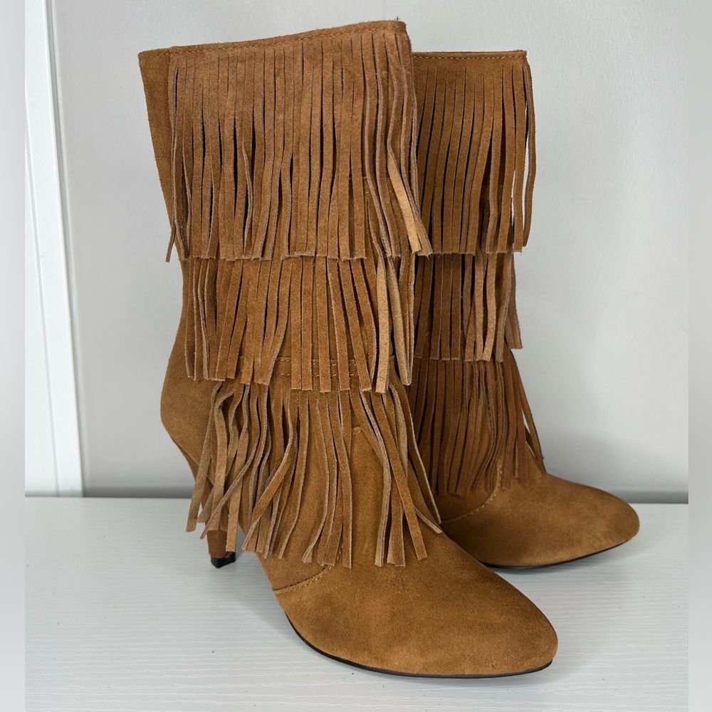 NEW Catherine Malandrino suede leather fringe heeled stiletto boots/festival. - Picture 2 of 14
